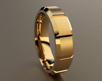 14kt Yellow Gold 6mm Brushed Mens Wedding Band Clean & Sharp Lines, Classic Beveled Edge 14kt Yellow Gold Wedding Ring, Simple Wedding Ring