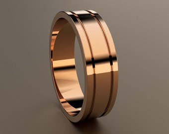 14kt Rose Gold 6mm Mens Wedding Band, Mens Pink Gold Wedding Ring Deep Grooves, Minimalist 6 mm Mans Wedding Band, Light Pipe Mens Band