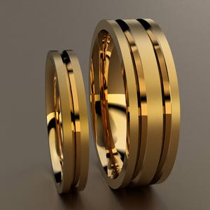 18kt Yellow Gold His & Hers Brushed 6mm and 3mm Wedding Band Set, Mens and Ladies Matching 18kt Gold Simple with Unique Channels Comfort Fit