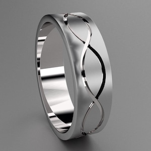 Silver 6mm Brushed Infinity Mens Wedding Band, 925 Sterling Silver Matte Clean Simple Design with Pattern Grooved