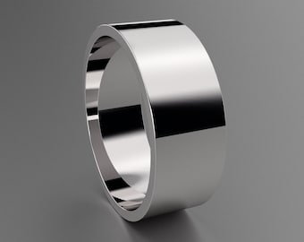 May include: A silver band ring with a flat, polished surface.