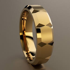 14kt Yellow Gold 6mm Brushed Mens Wedding Band with Clean Lines, Classic Faceted Solid 14kt Yellow Gold Ring, Simple Mens Wedding Ring
