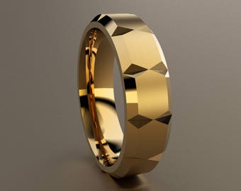 14kt Yellow Gold 6mm Brushed Mens Wedding Band with Clean Lines, Classic Faceted Solid 14kt Yellow Gold Ring, Simple Mens Wedding Ring