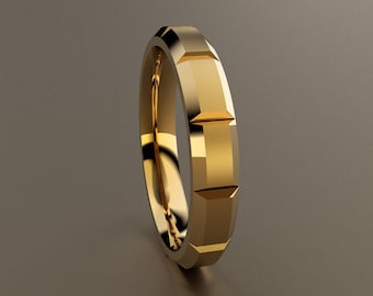 14kt Yellow Gold 4mm Brushed Mens Wedding Band Clean & Sharp Lines, Classic Beveled Edge 14kt Yellow Gold Wedding Ring, Thin Wedding Ring