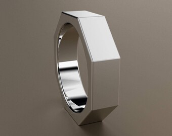 10kt White Gold 6mm Brushed Mens Wedding Band, Matte Finish Octagon 10kt White Gold Wedding Ring, Perfect for a Mechanic, Nut & Bolt Ring