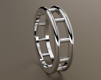 10kt White Gold 6mm Mens Wedding Band with Bars Designs, 10kt White Gold Wedding Ring with Openess, Wide Mens Ring with Unique Look 6mm Wide