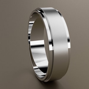10kt White Gold 6mm Brushed Mens Wedding Band, Step Edge 10kt Gold Clean Simple Design with Cut Edges, Mens Customizable Pipe Design Band