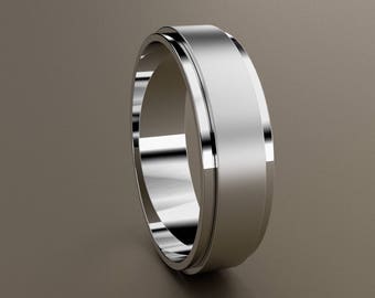 10kt White Gold 6mm Brushed Mens Wedding Band, Step Edge 10kt Gold Clean Simple Design avec bords coupés, Mens Customizable Pipe Design Band