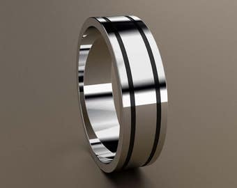 10kt White Gold 6mm Mens Wedding Band, Mens Gold Wedding Ring Unique Design Grooves with Black Antiquing, Minimalist 6 mm Mans Wedding Band