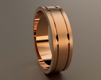 10kt Rose Gold 6mm Brushed Mens Wedding Band, Mens Pink Gold Wedding Ring Two Grooves, Minimalist 6 mm Mans Wedding Band, Light Pipe Band