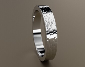 10kt White Gold 4mm Standard Weight Hammered Ladies Mens Flat Wedding Band, Flat Classic Design, Rectanglular Comfortable Anniversary Ring