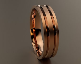 14kt Rose Gold 6mm Brushed Mens Wedding Band Sharp Double Grooves, Classic Solid 14kt Pink Gold Wedding Ring, Simple Mens Wedding Ring Band
