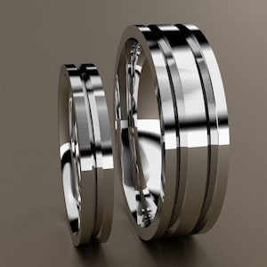 18kt White Gold His & Hers 6mm and 3mm Wedding Band Set, Mens and Ladies Matching Gold Simple Classic Design w/ Unique Channels Comfort Fit