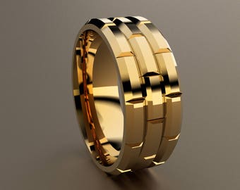 14kt Yellow Gold 8mm Mens Wedding Band with Brick Design, Wide 14kt Yellow Gold Brick Pattern Faceted Wedding Ring, Deep Facets Wedding Ring