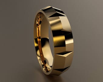 18kt Yellow Gold 6mm Mens Wedding Band, 18kt Yellow Gold Knife Edge Wedding Ring Unique Lines, Classic Knife Edge Mens Designer Wedding Band