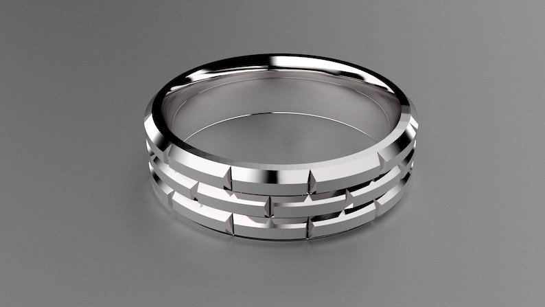 Silver 6mm Brushed Mens Wedding Band with Brick Pattern Classic 925 Sterling Silver Brick Design Wedding Ring Deep Faceted Gold Mens Ring