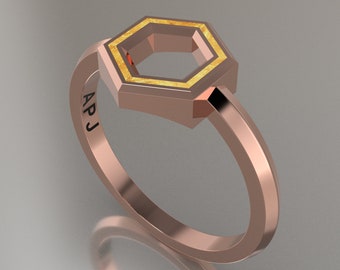 Rose Gold Geometric Hexagon Ring, Shimmer Gold Resin Solid 14kt Rose Gold Petite Design