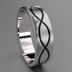 Silver 6mm Brushed Infinity Mens Wedding Band, Black Antiqued Pattern, 925 Sterling Silver Matte Clean Simple Design with Pattern Grooved