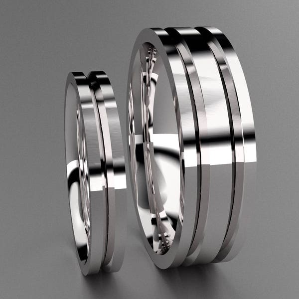 Silver His & Hers 6mm and 3mm Wedding Band Set, 925 Sterling Silver Mens and Ladies Matching Simple Unique Channels and Comfort Fit