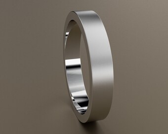 10kt White Gold 4mm Standard Weight Mens Brushed Flat Wedding Band, Matte Finish Flat Minimalistic Design, Rectangular Comfortable Wedding