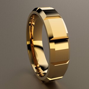14kt Yellow Gold 6mm Mens Wedding Band Clean & Sharp Lines, Classic Beveled Edge 14kt Yellow Gold Wedding Ring, Simple Mens Wedding Ring