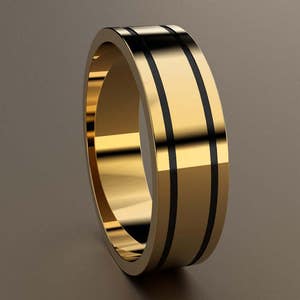 14kt Yellow Gold 6mm Mens Wedding Band, Mens Gold Wedding Ring Deep Grooves with Black Antiquing, Minimalist 6 mm Mans Wedding Band, Pipe