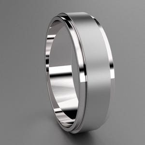 Silver 6mm Brushed Step Edge Mens Wedding Band, 925 Sterling Silver Matte Clean Simple Design with Grooved Edges