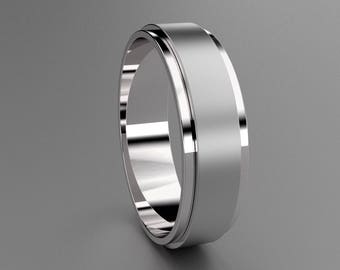 Silver 6mm Brushed Step Edge Mens Wedding Band, 925 Sterling Silver Matte Clean Simple Design with Grooved Edges