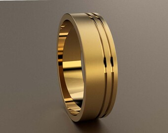 18kt Yellow Gold 6mm Brushed Mens Wedding Band, Mens Gold Wedding Ring Deep Offset Double Grooves, 6 mm Mans Wedding Band, Yellow Pipe Band
