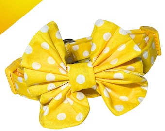 Yellow Polka Dot Pet Collar Set with Butterfly Bow & Charm - Girl Dog or Cat- Name Personalization, Leash Upgrades