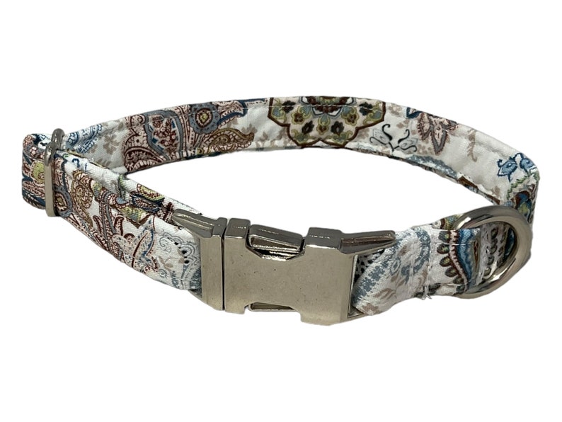 Blue & Brown Paisley Floral Buckled Collar for Girl Dog or Cat Martingale Option XXS-XXL Metal Buckle, Leash Upgrades image 3
