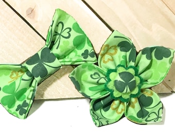 St Patricks Shamrock Flower or Bow Tie for Dog or Cat Collar, Attachable Collar Accessory with Green & Gold Shamrocks, Pet Lover Gift