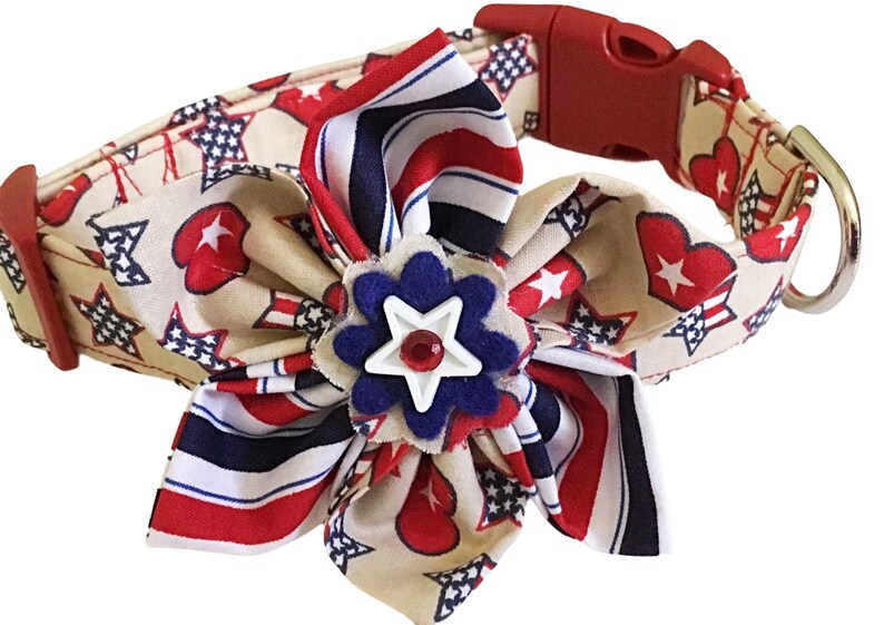 a red, white, and blue dog collar with stars