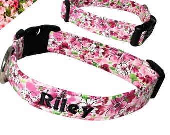 Personalized Spring Floral Pet Collar- Pink & Red- Buckled/Martingale Styles- Custom Made