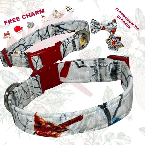 Winter Collar With Cardinals In Snowy Trees / Buckled or Martingale Cardinal Collar/ Leash Upgrade/ Metal Buckle Upgrade