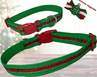 Green & Red Glitter Christmas  Collar for Dogs and Cats - Red Buckle or Slip On Martingale Style Available -  Upgrades Available