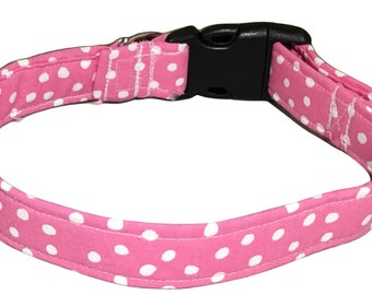 Pink and White Polka Dot Collar for Dogs and Cats in Buckled or Martingale Style/Gingham Leash Upgrade/Metal Buckle Upgrade