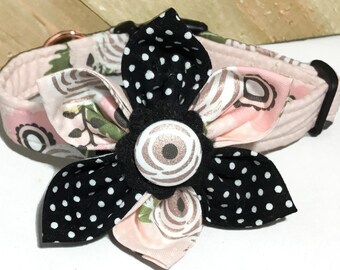 Peach, Pink, Rose Gold and Black Floral Flower Collar for Girl Dogs And Cats /Buckled or Martingale/ Leash Upgrade