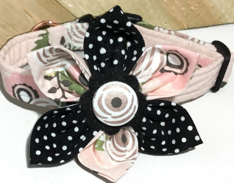 Peach, Pink, Rose Gold and Black Floral Flower Collar for Girl Dogs And Cats /Buckled or Martingale/ Leash Upgrade image 1