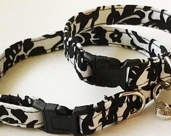 Black & White Damask Dog or Cat Collar with Matching Friendship Charm Bracelet