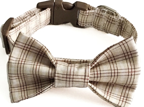 Brown & Beige Plaid Bow Tie Collar for Dogs or Cats, Collar Bow Tie Set