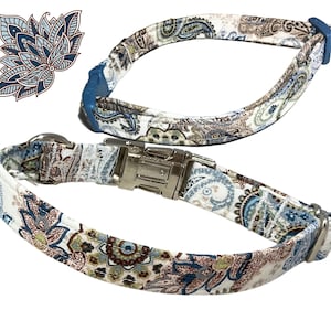 Blue & Brown Paisley Floral Buckled Collar for Girl Dog or Cat Martingale Option XXS-XXL Metal Buckle, Leash Upgrades image 1