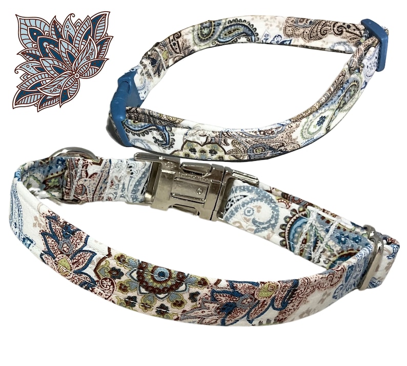 Blue & Brown Paisley Floral Buckled Collar for Girl Dog or Cat Martingale Option XXS-XXL Metal Buckle, Leash Upgrades image 1