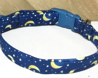 Blue And Gold Celestial Moon & Stars Collar For Dogs And Cats In Buckled or Martingale Style/ Leash Upgrade