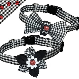 Black & White Gingham Pet Collar and Bow Tie or Flower - Stylish Pet Gift for Dogs or Cats- 5 Ft Leash, Name Personalization Upgrades