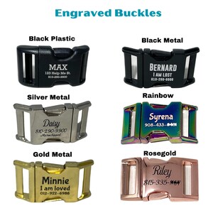a group of metal buckles with names on them
