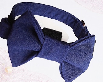Navy Blue Wedding Bow Tie Pet Collar- Dog or Cat Special Events Neckwear- Handmade