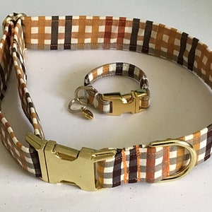 Brown & Gold Fall Harvest Dog or Cat Collar with Matching Bracelet and Charm Gold Metal Buckle image 2