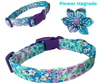 Purple & Aqua Floral Pet Collar for Spring and Summer - Dog and Cat Neckwear - Flower, Leash, Name Personalization, Keyfob Upgrades