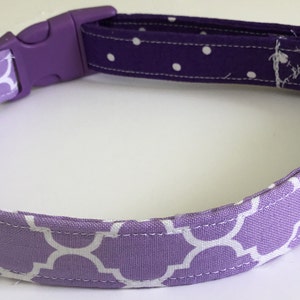 Purple & White Geometric Dog or Cat Collar with Purple Buckle //Metal Buckle Upgrade//Buckled Collar//Slip On Martingale //Leash Upgrade image 1